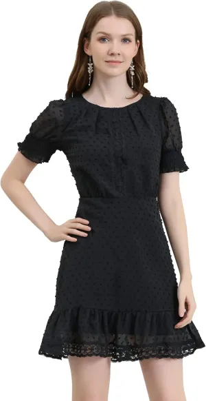 Allegra K Women's Elegant Short Sheer Sleeve Ruffle Hem Swiss Dots Chiffon Dress