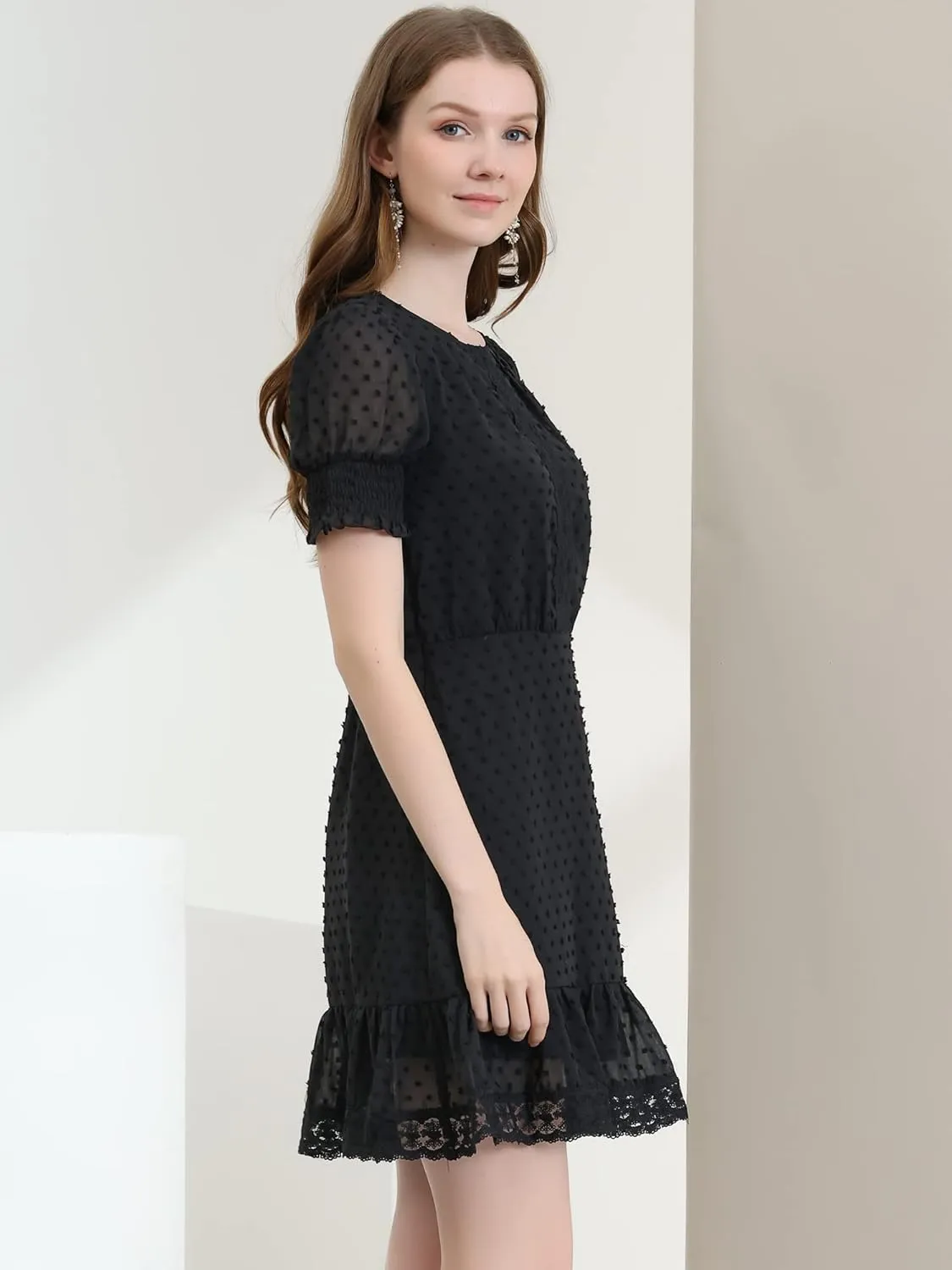 Allegra K Women's Elegant Short Sheer Sleeve Ruffle Hem Swiss Dots Chiffon Dress