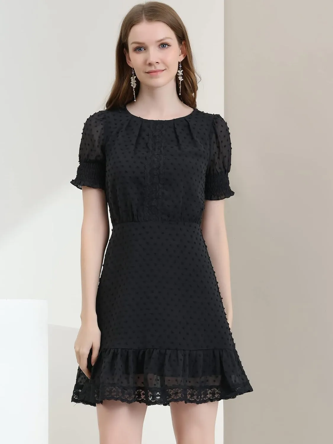 Allegra K Women's Elegant Short Sheer Sleeve Ruffle Hem Swiss Dots Chiffon Dress