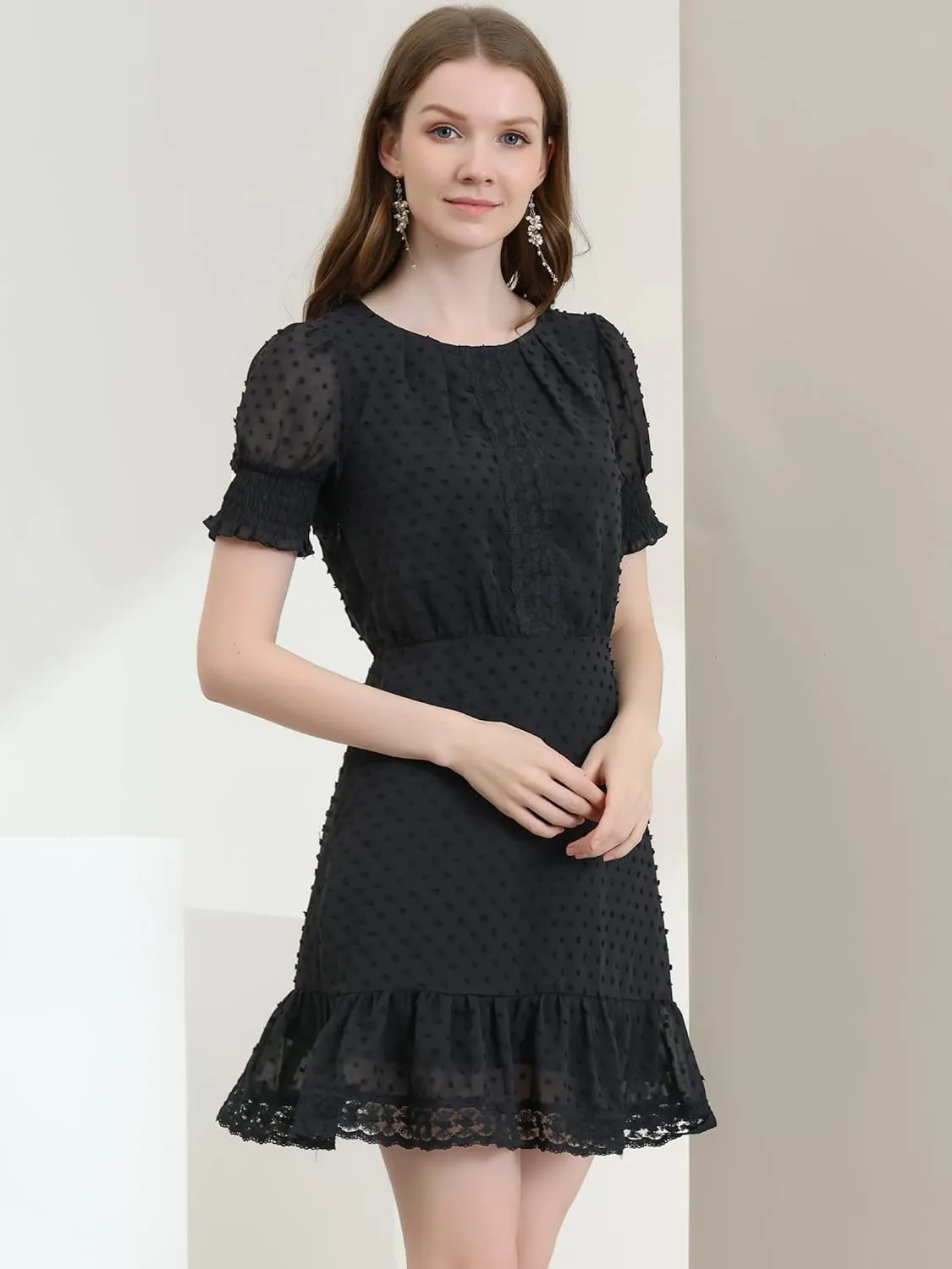Allegra K Women's Elegant Short Sheer Sleeve Ruffle Hem Swiss Dots Chiffon Dress