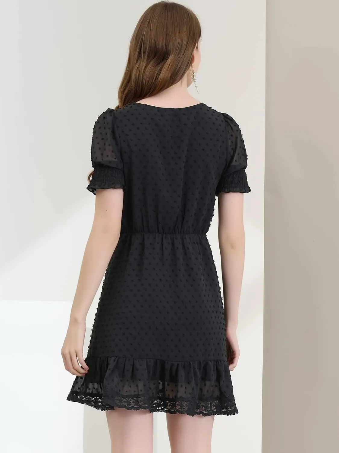 Allegra K Women's Elegant Short Sheer Sleeve Ruffle Hem Swiss Dots Chiffon Dress