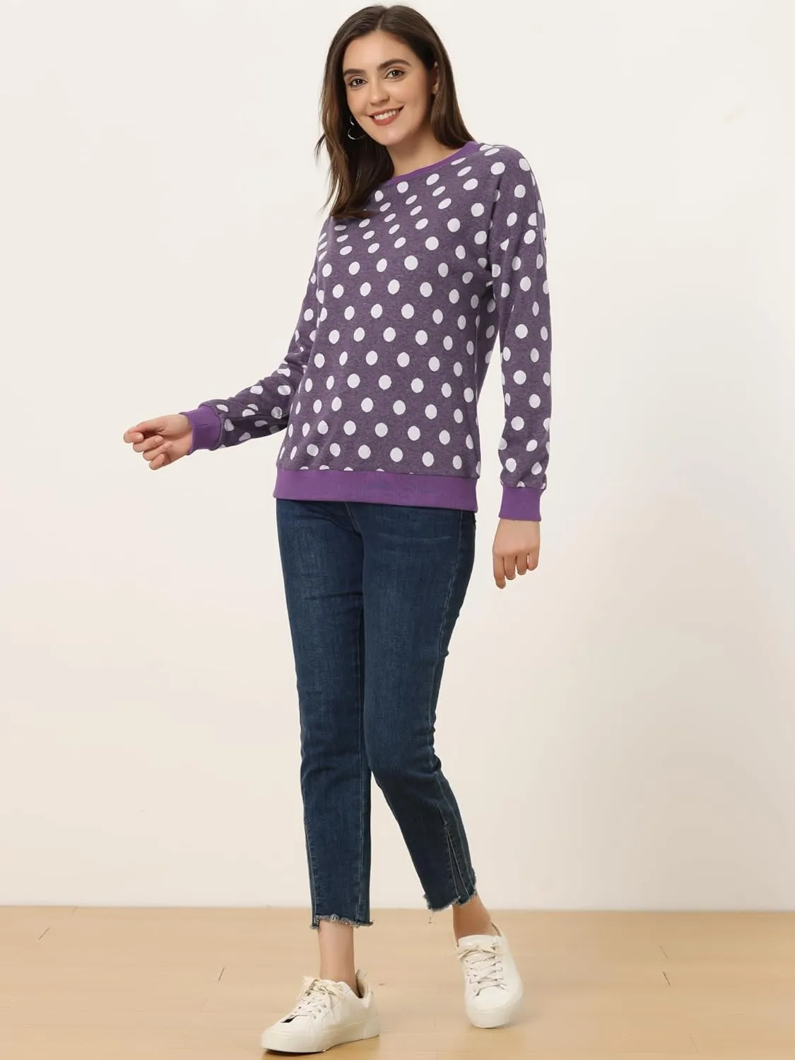 Allegra K Women's Winter Fall Casual Pullover Crewneck Long Sleeve Polka Dots Sweatshirt Sweater