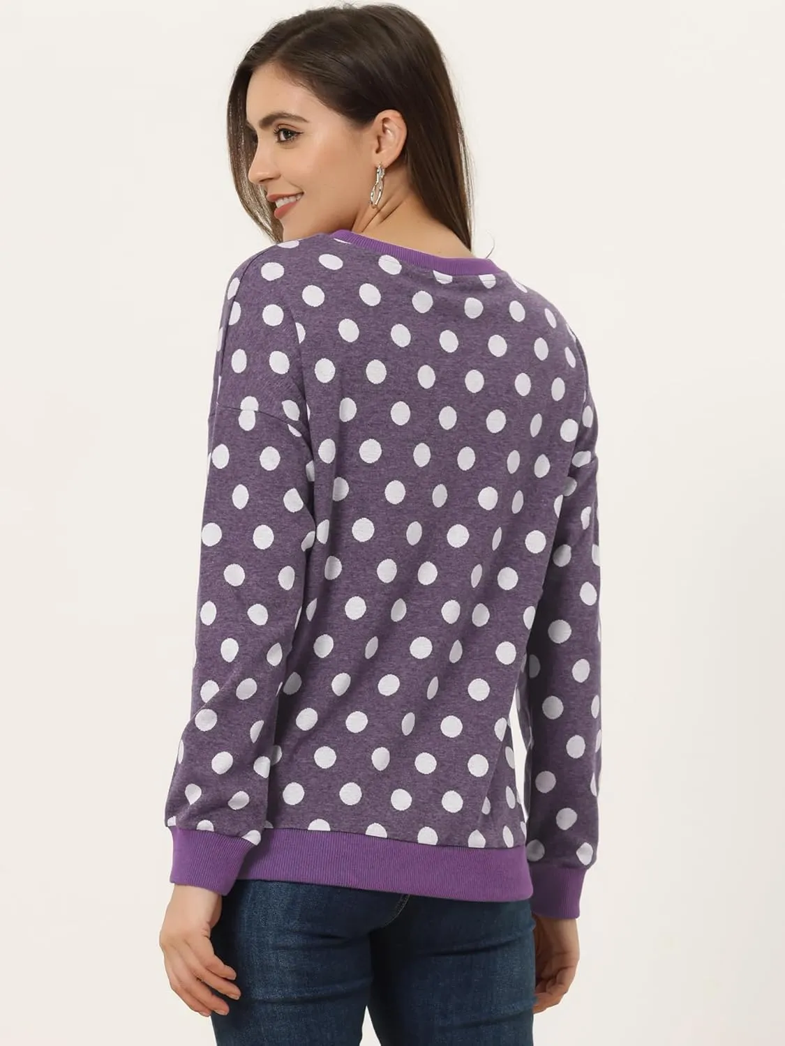Allegra K Women's Winter Fall Casual Pullover Crewneck Long Sleeve Polka Dots Sweatshirt Sweater