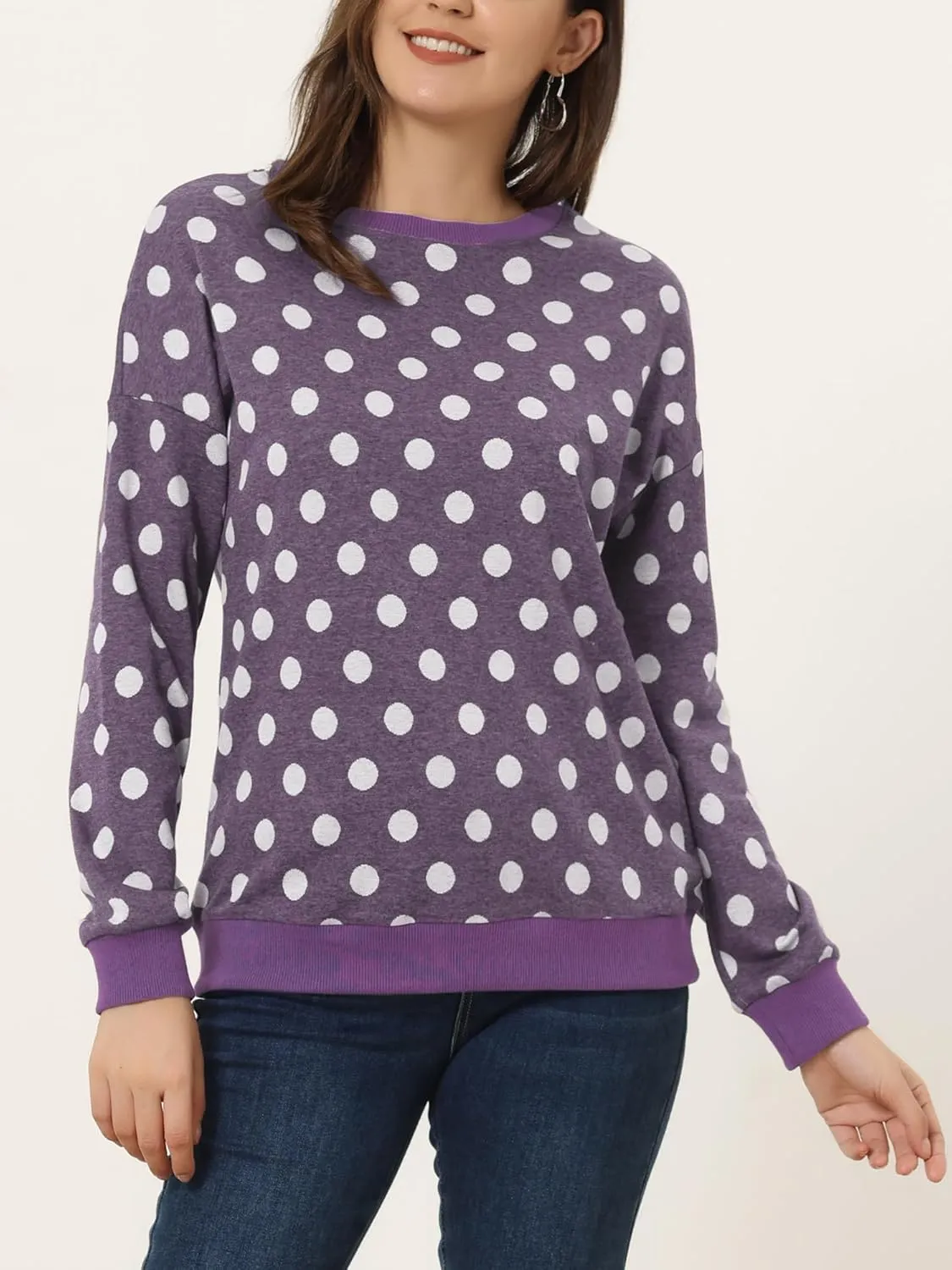 Allegra K Women's Winter Fall Casual Pullover Crewneck Long Sleeve Polka Dots Sweatshirt Sweater