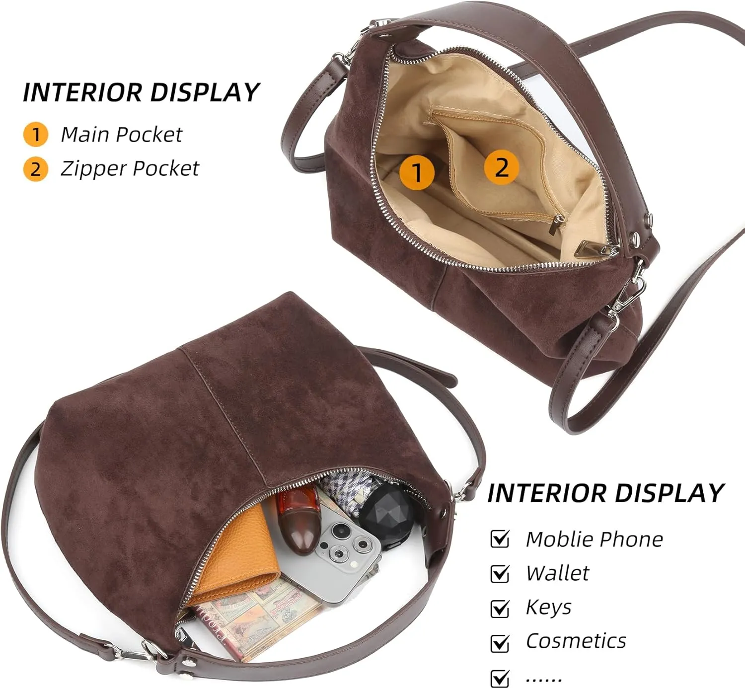 ALUSBELL Suede Tote Bags For Women Retro Suede Crossbody Shoulder Bag Crescent Satchel Hobo Bag Travel Work Purses Handbag