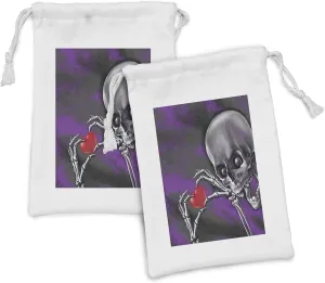 Ambesonne Skull Fabric Pouch Set of 2, Spooky Scary Skeleton Holds Eternal Love Sybol Heart in its Boned Skull Hands Image, Small Drawstring Bag for Toiletries Masks and Favors, 9" x 6", Multicolor