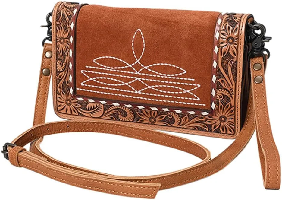 American Darling ADBG1653 Cross Body Hand Tooled Suede Genuine Western Leather Women Bag Western Handbag Purse