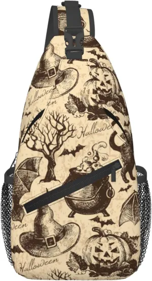 AMRANDOM Crossbody Sling Bag halloween decorations Black Cat Bat Pumpkin Skull Party Pattern Chest Bag Running for Men Women Workout Travelling