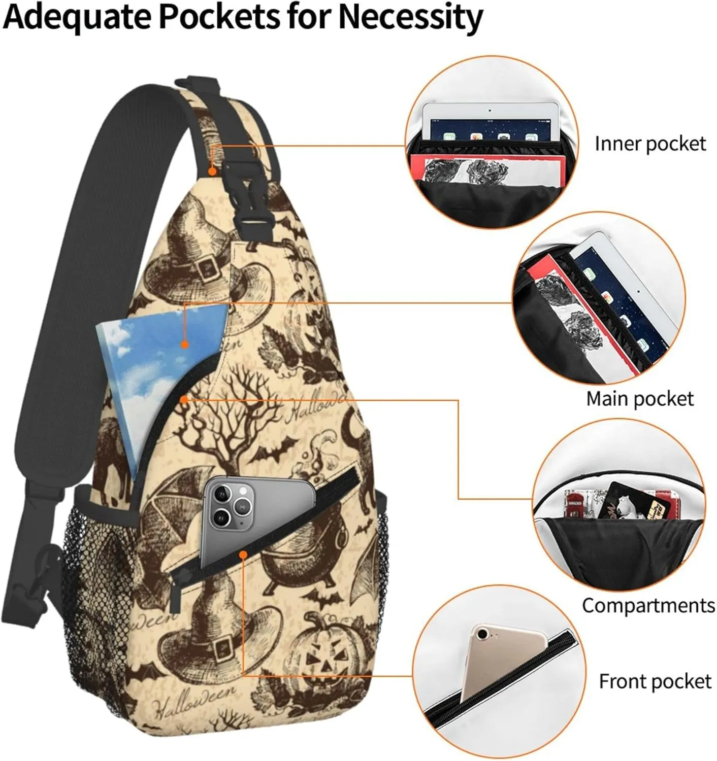 AMRANDOM Crossbody Sling Bag halloween decorations Black Cat Bat Pumpkin Skull Party Pattern Chest Bag Running for Men Women Workout Travelling