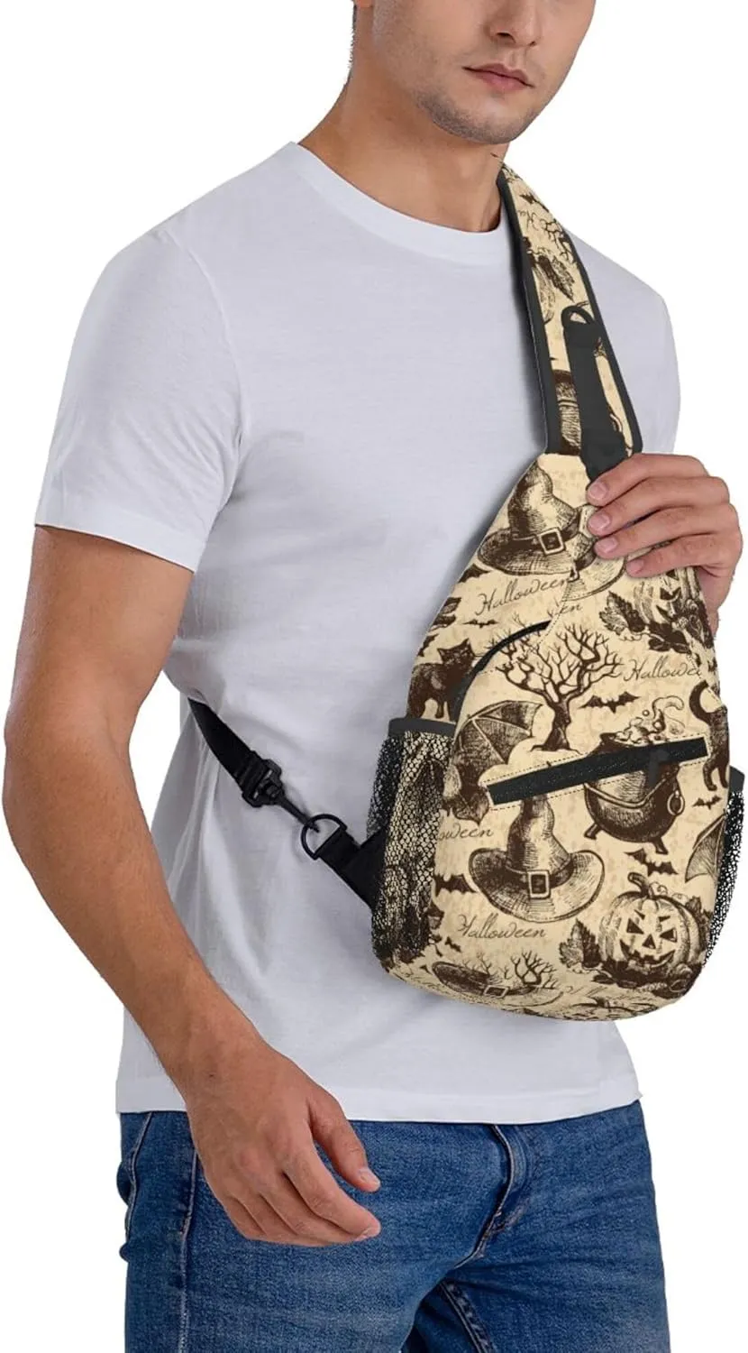 AMRANDOM Crossbody Sling Bag halloween decorations Black Cat Bat Pumpkin Skull Party Pattern Chest Bag Running for Men Women Workout Travelling