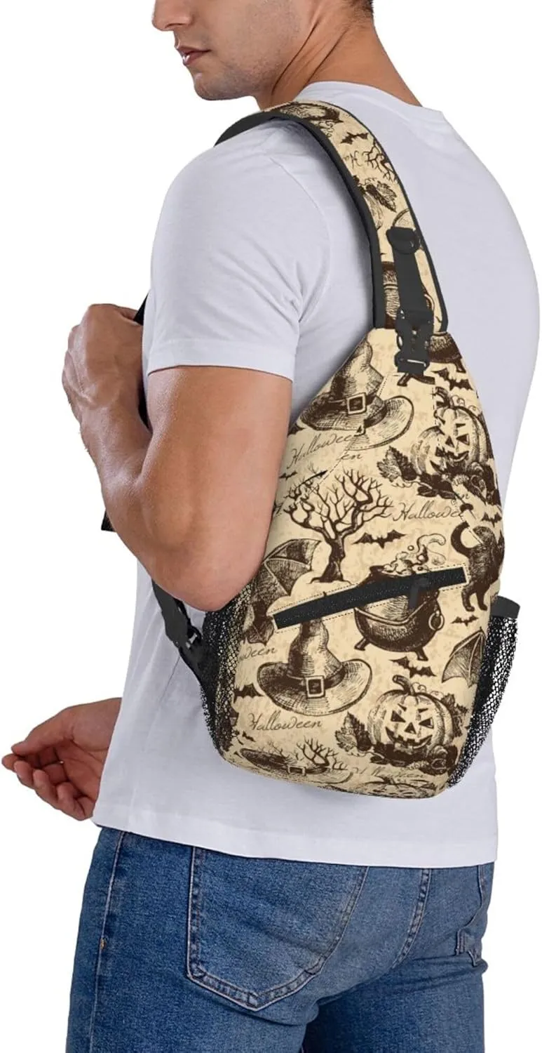 AMRANDOM Crossbody Sling Bag halloween decorations Black Cat Bat Pumpkin Skull Party Pattern Chest Bag Running for Men Women Workout Travelling