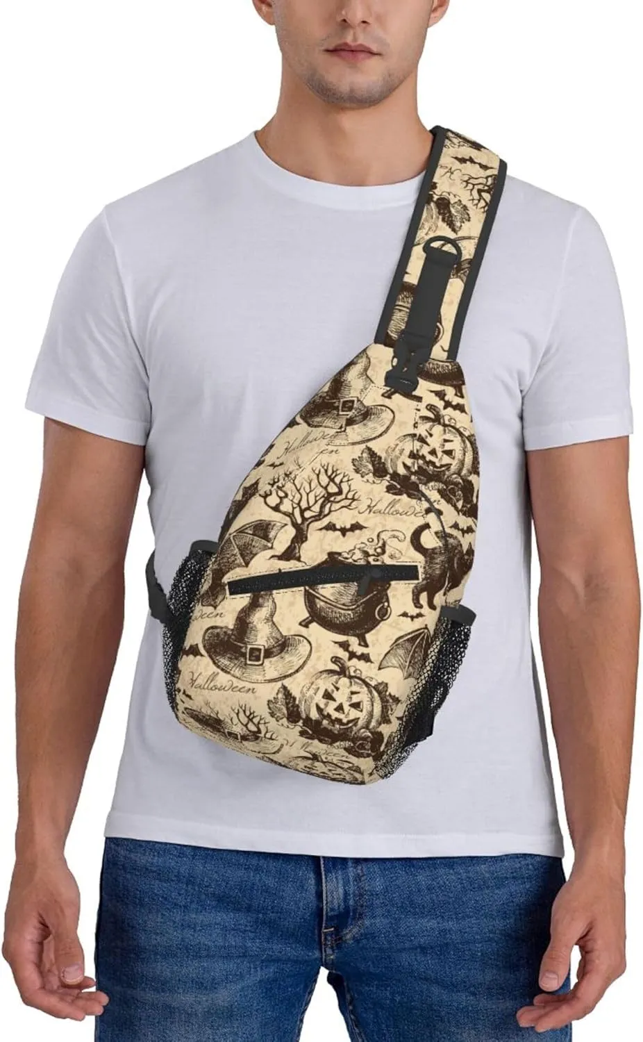 AMRANDOM Crossbody Sling Bag halloween decorations Black Cat Bat Pumpkin Skull Party Pattern Chest Bag Running for Men Women Workout Travelling