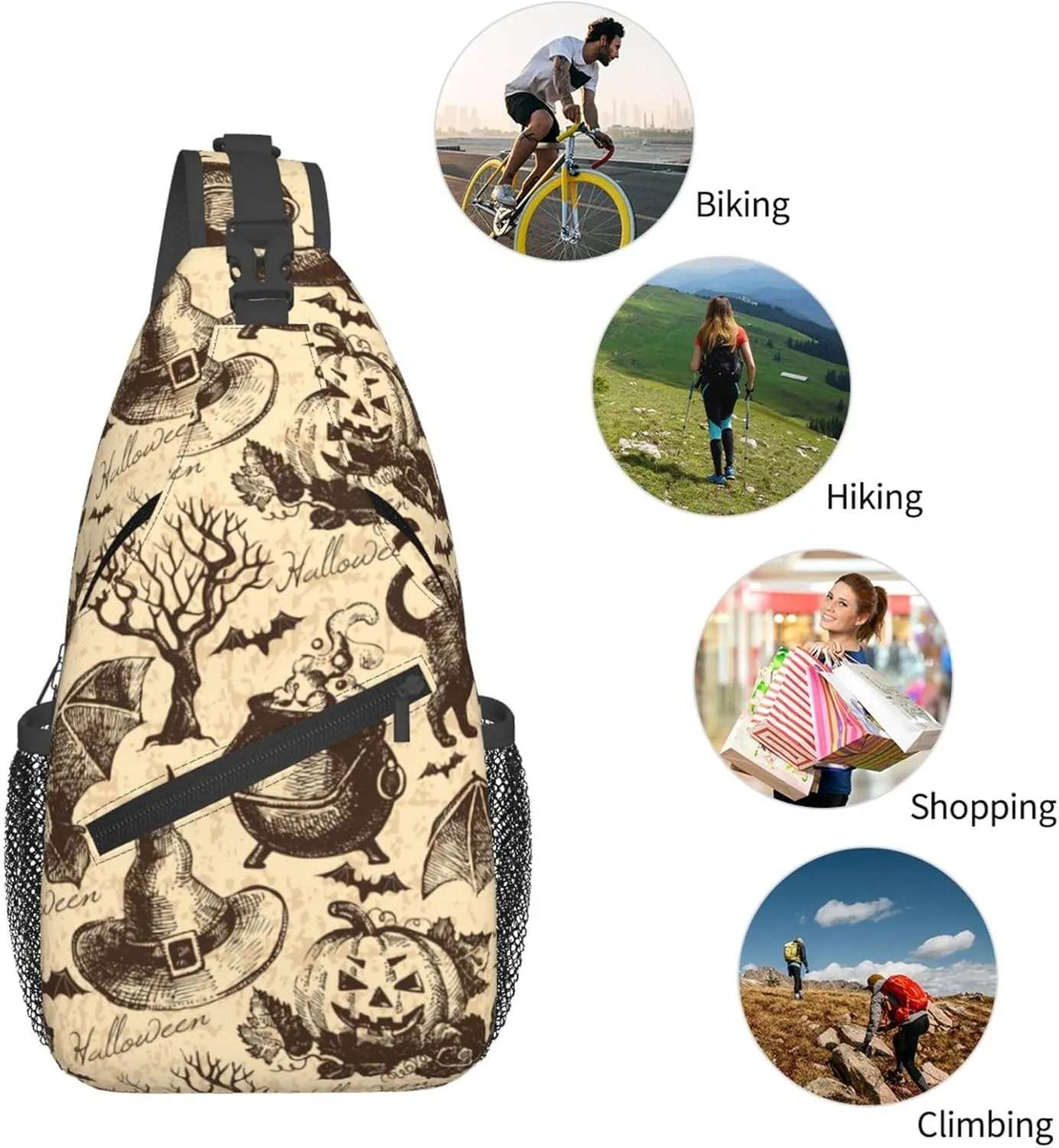 AMRANDOM Crossbody Sling Bag halloween decorations Black Cat Bat Pumpkin Skull Party Pattern Chest Bag Running for Men Women Workout Travelling