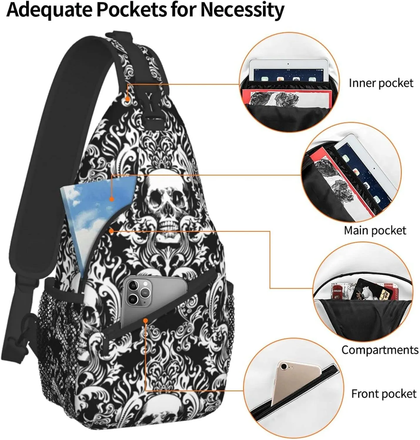 AMRANDOM Vintage Skull Sling Bag Lightweight Shoulder Chest Crossbody Bag Waterproof Outdoor Backpack Anti-Theft Crossbody Shoulder Bag Gym Bags