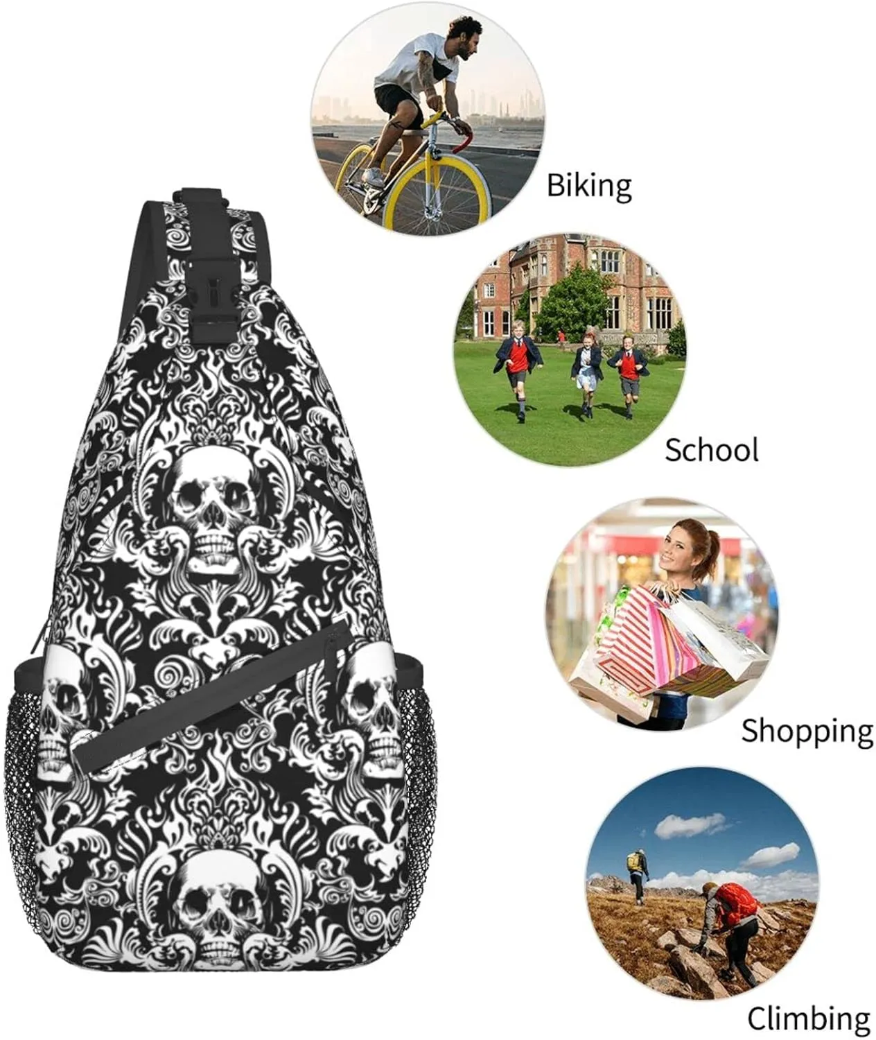 AMRANDOM Vintage Skull Sling Bag Lightweight Shoulder Chest Crossbody Bag Waterproof Outdoor Backpack Anti-Theft Crossbody Shoulder Bag Gym Bags