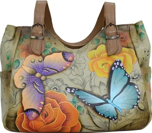 Anna by Anuschka Women's Genuine Leather Shoulder Bag - Hand Painted Original Artwork Exterior