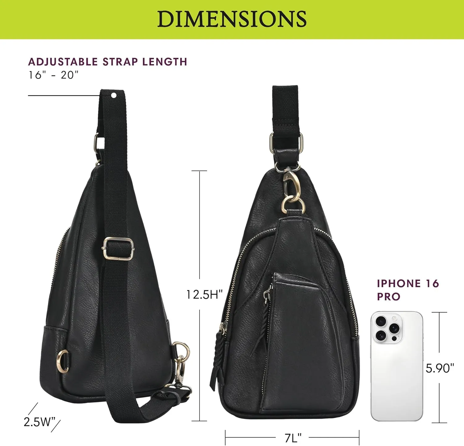 Antik Kraft Tasha Crossbody Sling (Black) | Vegan Leather Crossbody Bag for Women with 16-20" Strap | Sling Bags for Women with Durable Antique Brass Hardware | 7in x 2.5in x 12.5in |