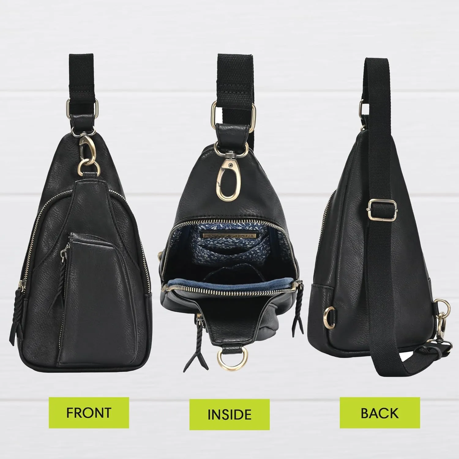 Antik Kraft Tasha Crossbody Sling (Black) | Vegan Leather Crossbody Bag for Women with 16-20" Strap | Sling Bags for Women with Durable Antique Brass Hardware | 7in x 2.5in x 12.5in |