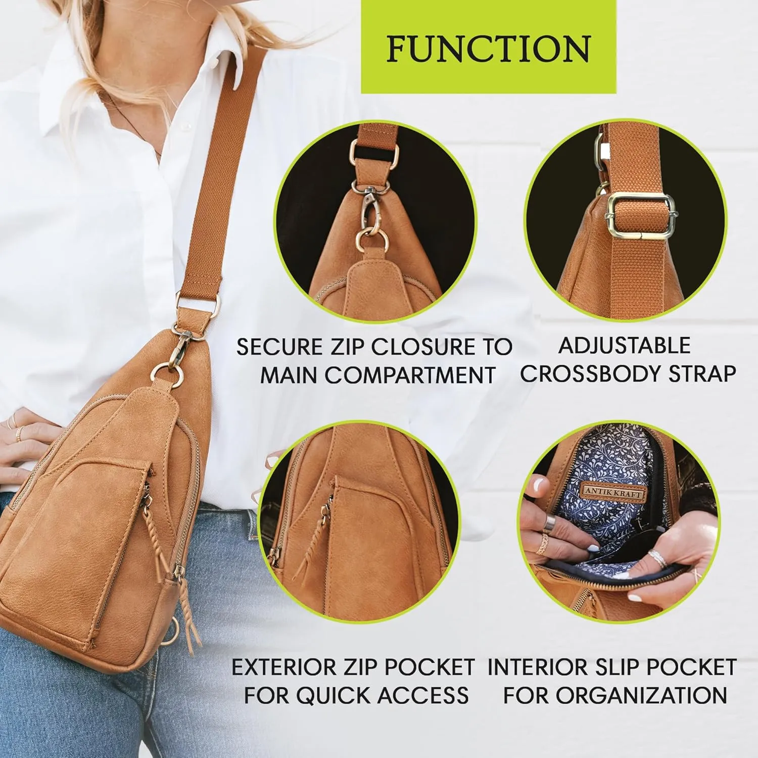 Antik Kraft Tasha Crossbody Sling (Black) | Vegan Leather Crossbody Bag for Women with 16-20" Strap | Sling Bags for Women with Durable Antique Brass Hardware | 7in x 2.5in x 12.5in |