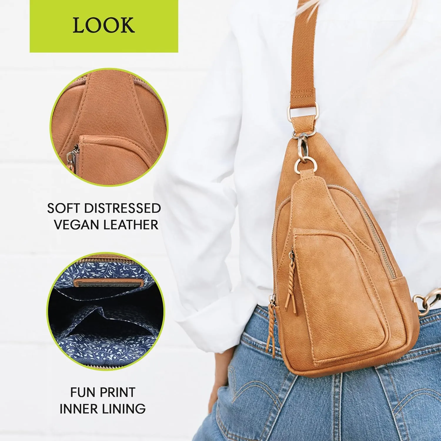 Antik Kraft Tasha Crossbody Sling (Black) | Vegan Leather Crossbody Bag for Women with 16-20" Strap | Sling Bags for Women with Durable Antique Brass Hardware | 7in x 2.5in x 12.5in |