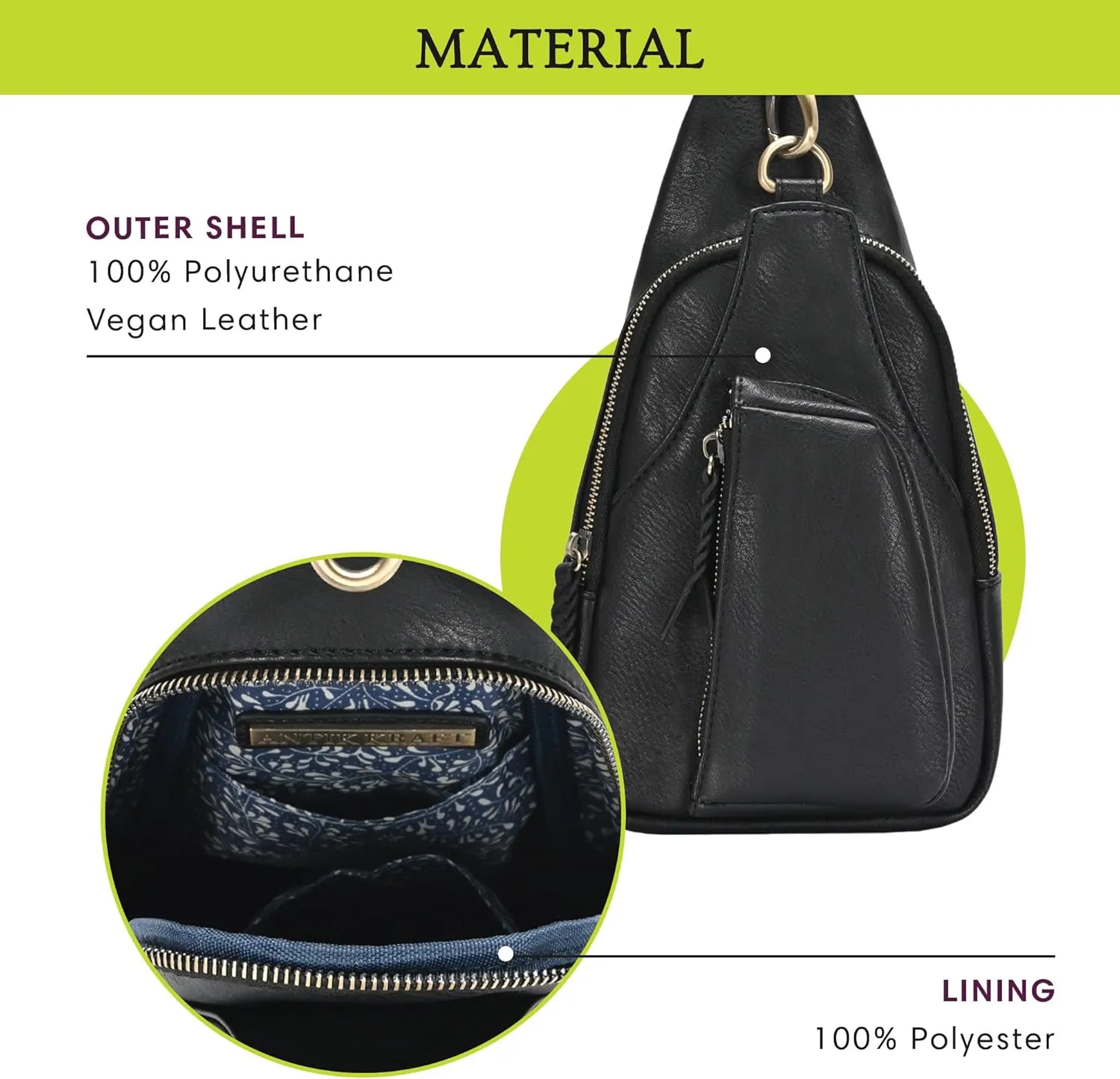Antik Kraft Tasha Crossbody Sling (Black) | Vegan Leather Crossbody Bag for Women with 16-20" Strap | Sling Bags for Women with Durable Antique Brass Hardware | 7in x 2.5in x 12.5in |