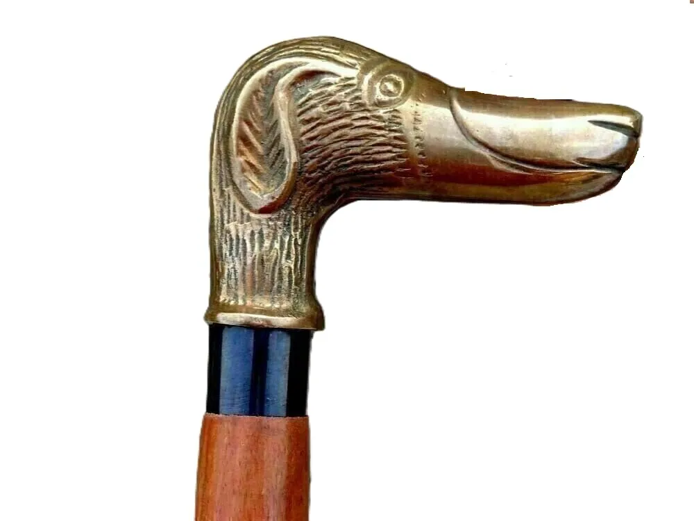 Antique Brass Dog Head Walking Cane - 36" Wooden Vintage Designer Handmade Wooden Walking Stick Cane - Designer Adjustable Length Solid Brass Walking Cane For Men, Women, Elderly People.