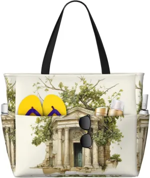 Antique Building With Roman Olive Branch And Greek Print Beach Travel Bag Waterproof Versatile Zipper Bag With Pockets Gym Travel Vacation