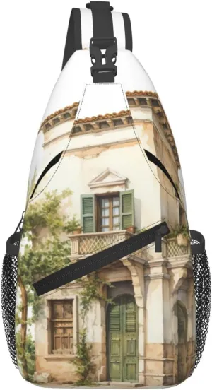 Antique Building with Roman Olive Branch and Greek Print Sling Bag Crossbody Shoulder Backpack Chest Pack for Hiking Travel Climbing
