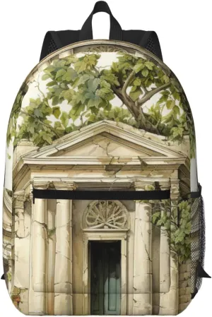 Antique Building With Roman Olive Branch And Greek Print Stylish Travel Backpack,Large Capacity Laptop Bag,Suitable For Work,Travel And Gym