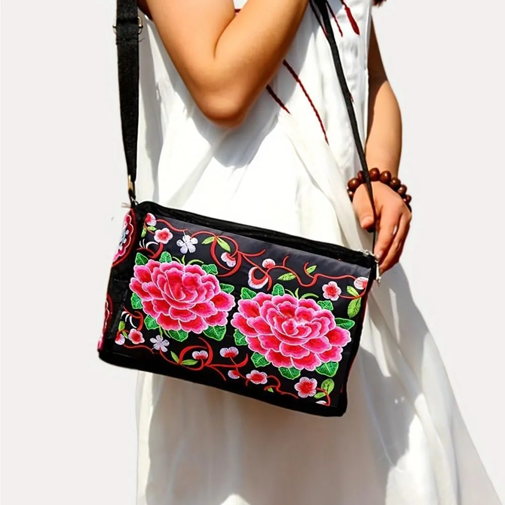 Antique Double-Sided Embroidered Crossbody Bag Women's Canvas Shoulder Bag For Mobile Phones