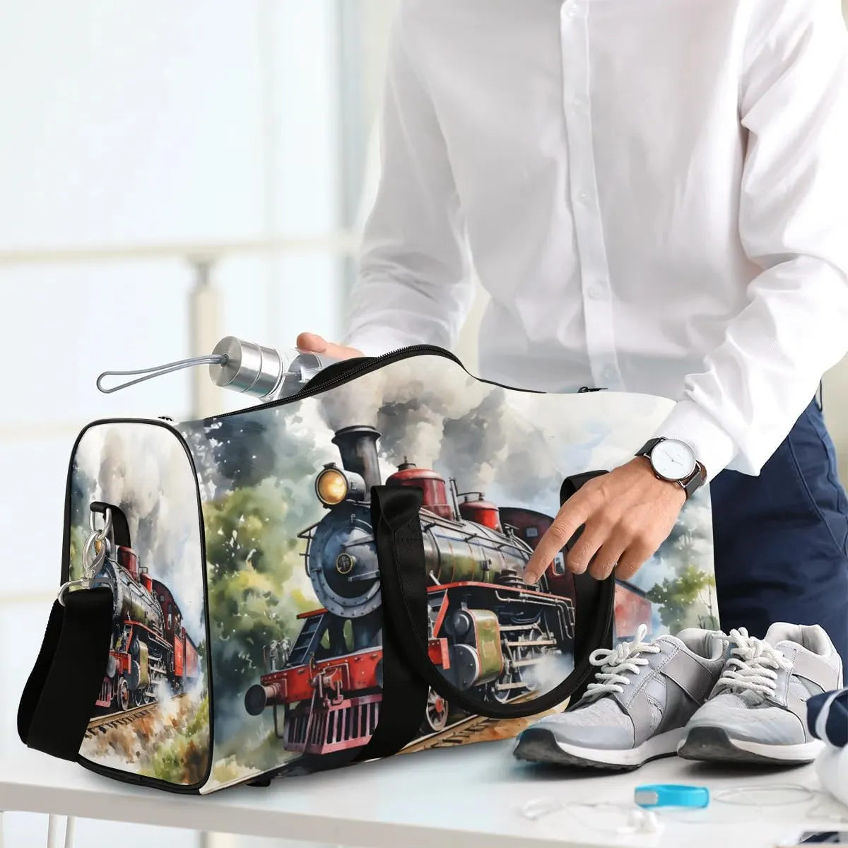 Antique Northern Express Train Travel Duffel Bag for Women Men Waterproof Foldable Overnight Weekender Bag Large Capacity Sports Gym Bag