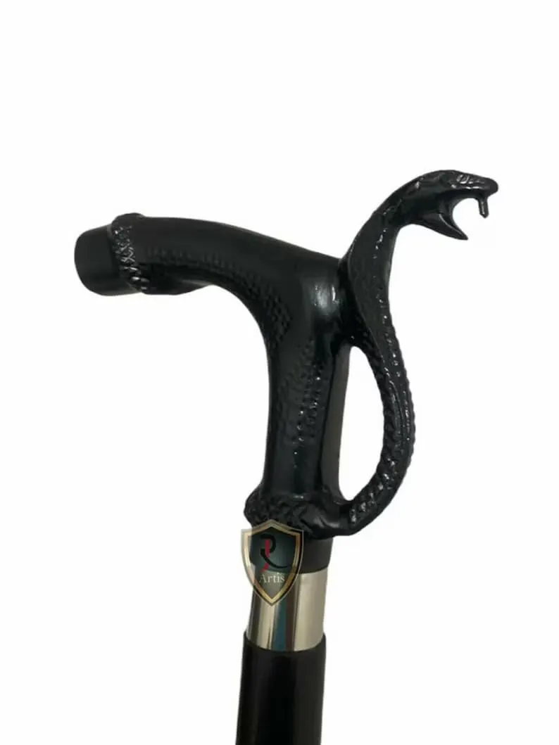 Antique Style Brass Snake King Cobra Head Walking Cane - 36" Wooden Vintage Black Snake Designer Handmade Wooden Walking Stick Cane - Adjustable Length Solid Walking Cane For Men, Women,Elderly People