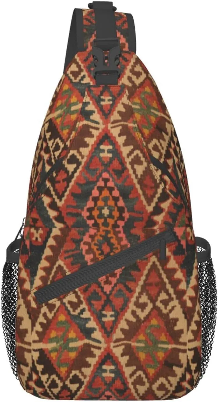 Antique Turkish Oriental Kilim Rug Sling Bag Crossbody Sling Backpack For Women Men Travel Hiking Daypack Chest Shoulder Bag, Black, SB-122