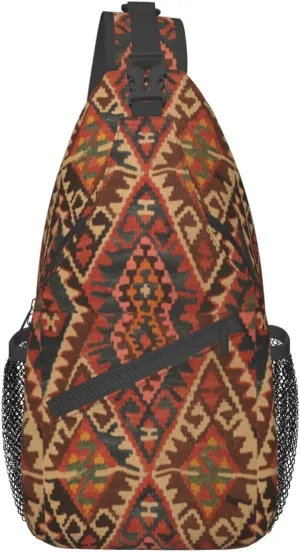Antique Turkish Oriental Kilim Rug Sling Bag Crossbody Sling Backpack For Women Men Travel Hiking Daypack Chest Shoulder Bag, Black, SB-122