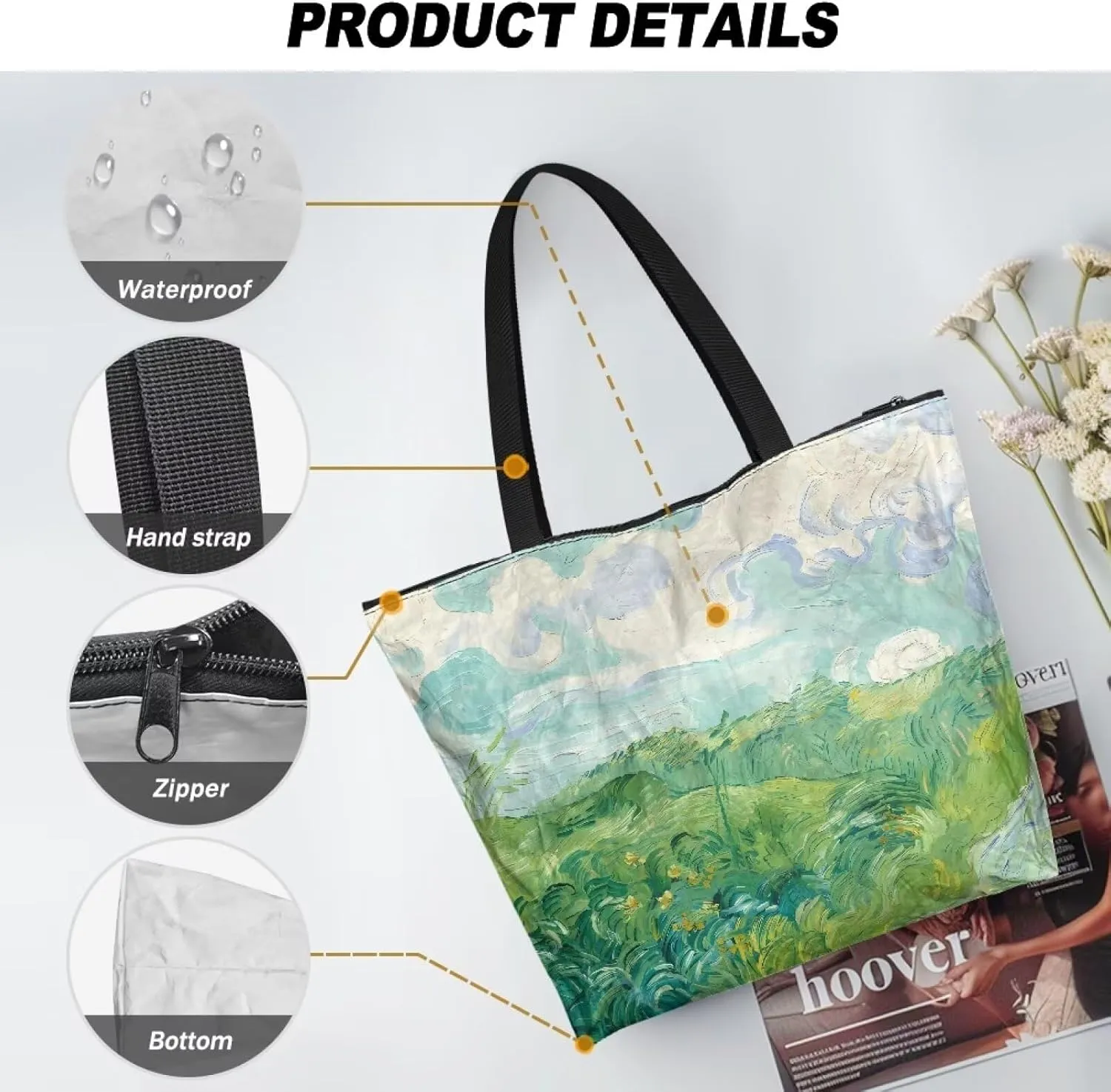 Art Lover Zippered Tote Bag Waterproof Large Work Tote Bags, Van Gogh Artwork Women's Purse Handbags Travel Totes