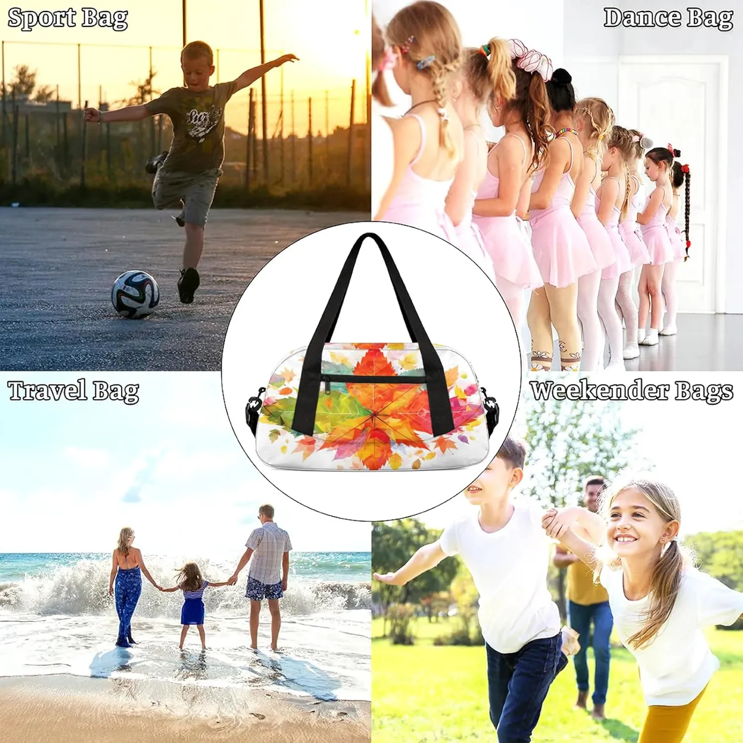Art Maple Leaf Pattern Kids Duffel Bag Lightweight Waterproof Sports Gym Bag with Front Zipper Pocket Foldable Weekender Overnight Bag for School Practice Gymnastic Ballet