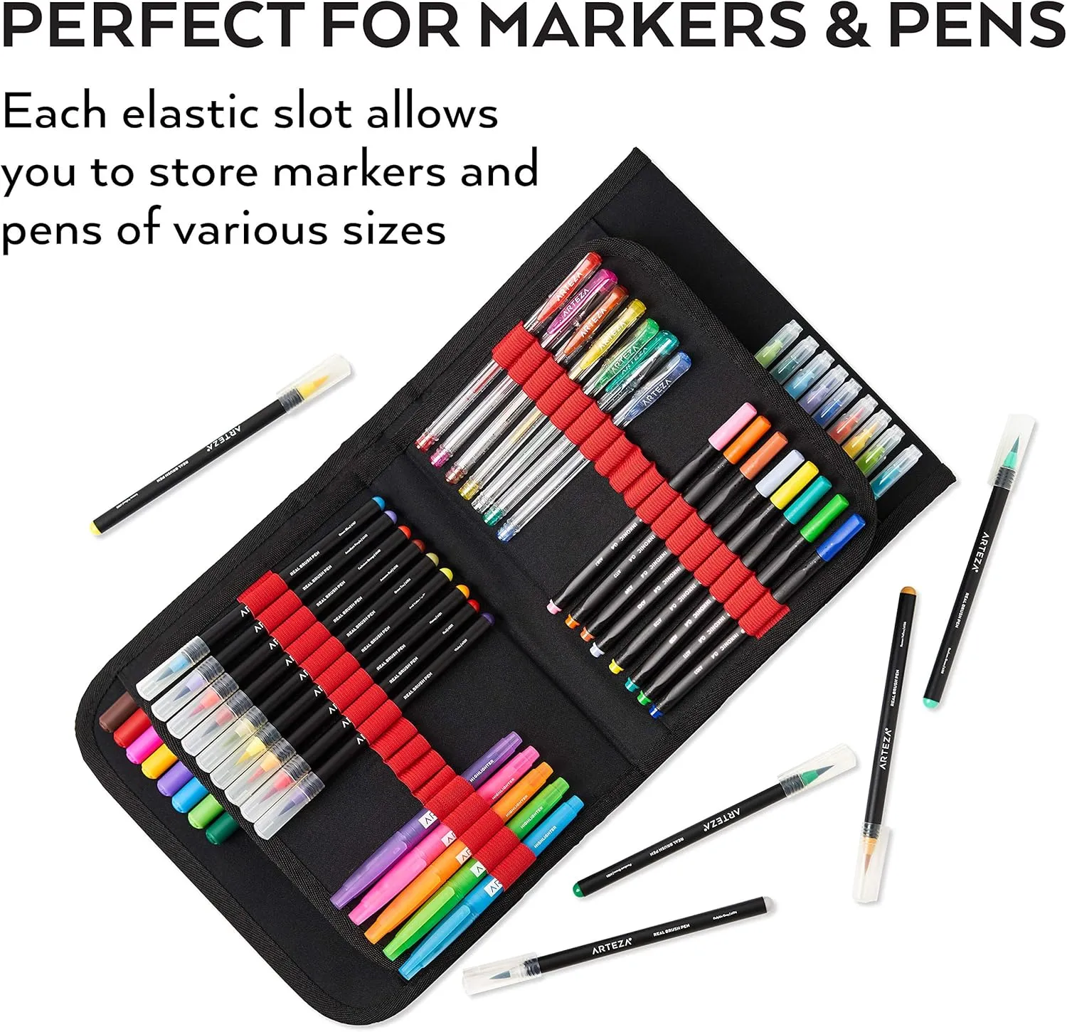 ARTEZA Marker Pen Organizer Case, 108 Slots, Removable Baldric, Zipper Pocket and Carrying Handle, for Drawing Markers and Pens, Art Supplies for Artists and Hobby Painters