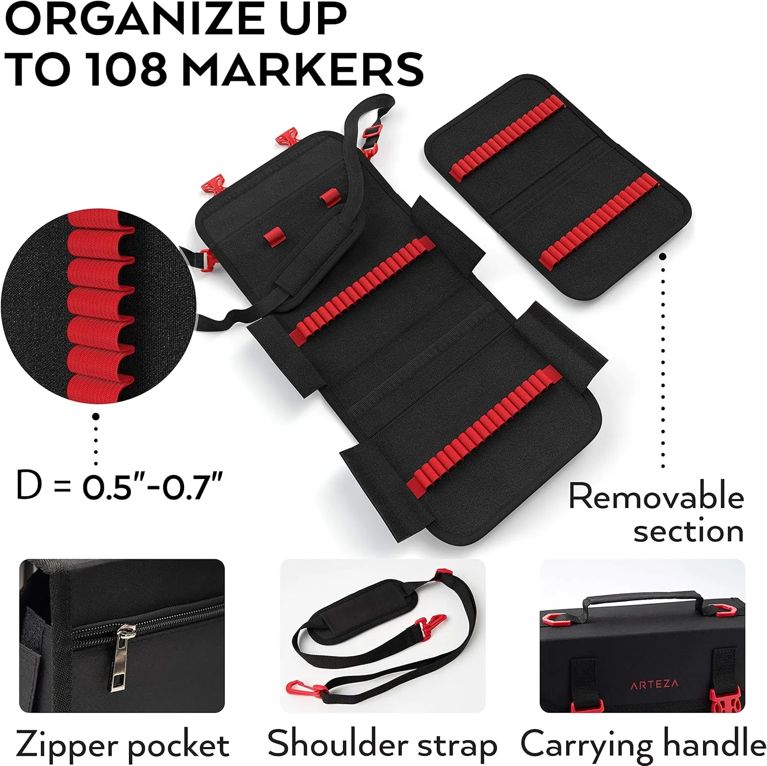 ARTEZA Marker Pen Organizer Case, 108 Slots, Removable Baldric, Zipper Pocket and Carrying Handle, for Drawing Markers and Pens, Art Supplies for Artists and Hobby Painters