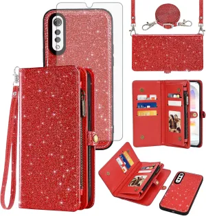 Asuwish Phone Case for LG Velvet 5G/LGVelvet Verizon G5 UW T-Mobile 2020 Zipper Wallet Cell Cover with Tempered Glass Screen Protector Wrist Strap Flip Card Holder Slot LM G900UM 4G Tmobile Women Red