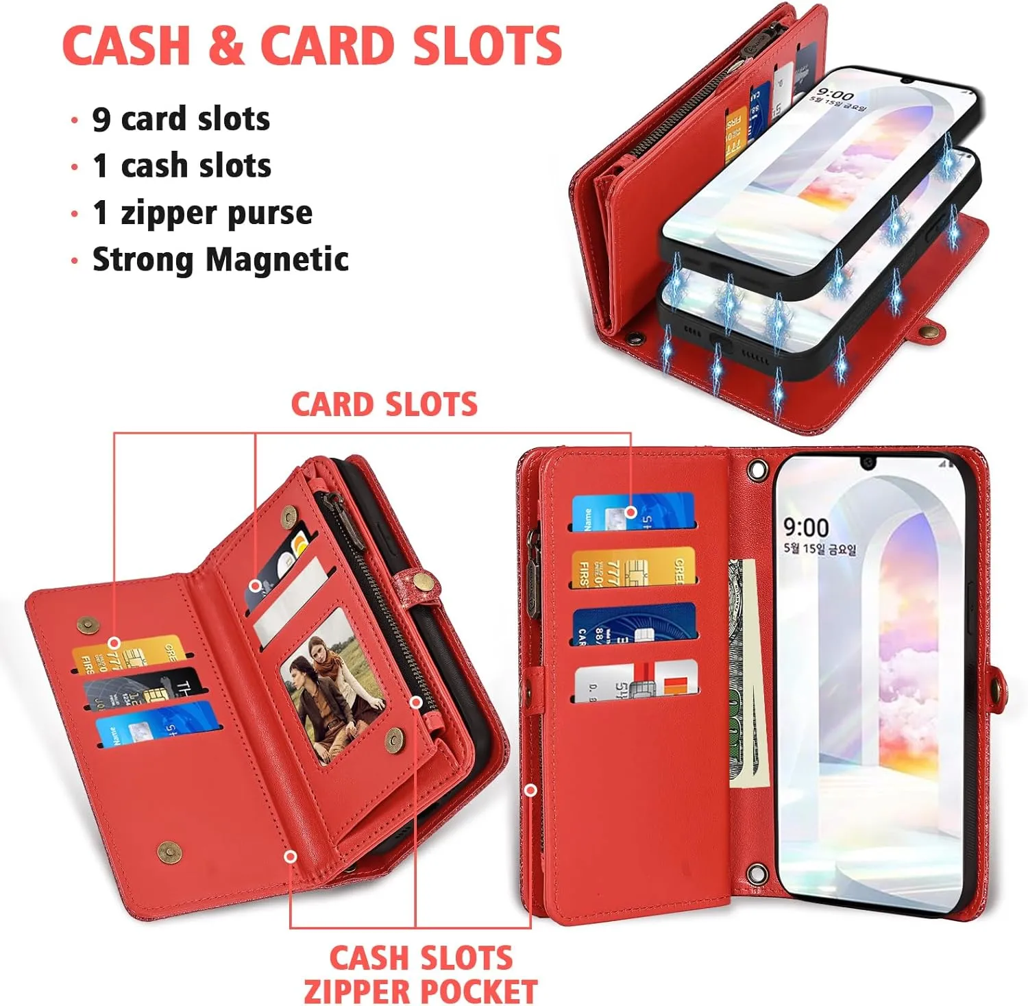Asuwish Phone Case for LG Velvet 5G/LGVelvet Verizon G5 UW T-Mobile 2020 Zipper Wallet Cell Cover with Tempered Glass Screen Protector Wrist Strap Flip Card Holder Slot LM G900UM 4G Tmobile Women Red