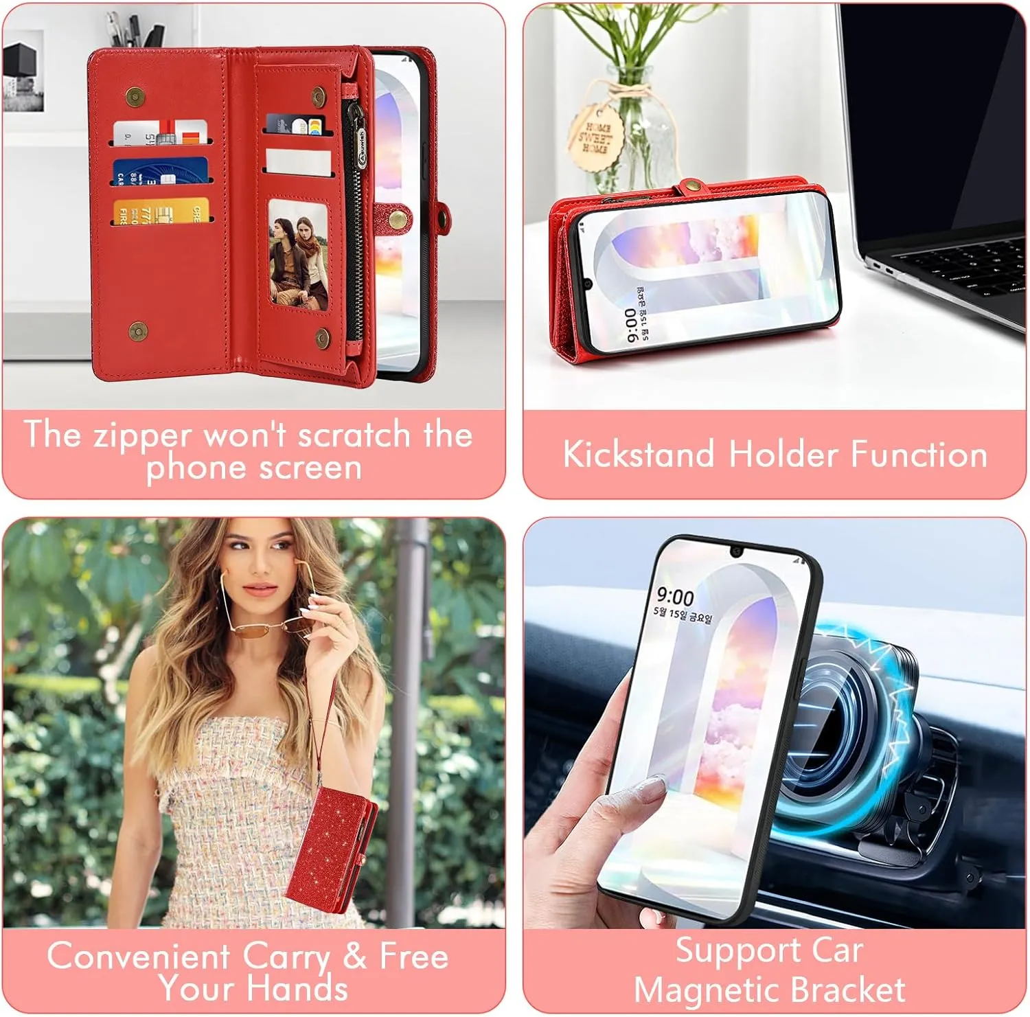 Asuwish Phone Case for LG Velvet 5G/LGVelvet Verizon G5 UW T-Mobile 2020 Zipper Wallet Cell Cover with Tempered Glass Screen Protector Wrist Strap Flip Card Holder Slot LM G900UM 4G Tmobile Women Red