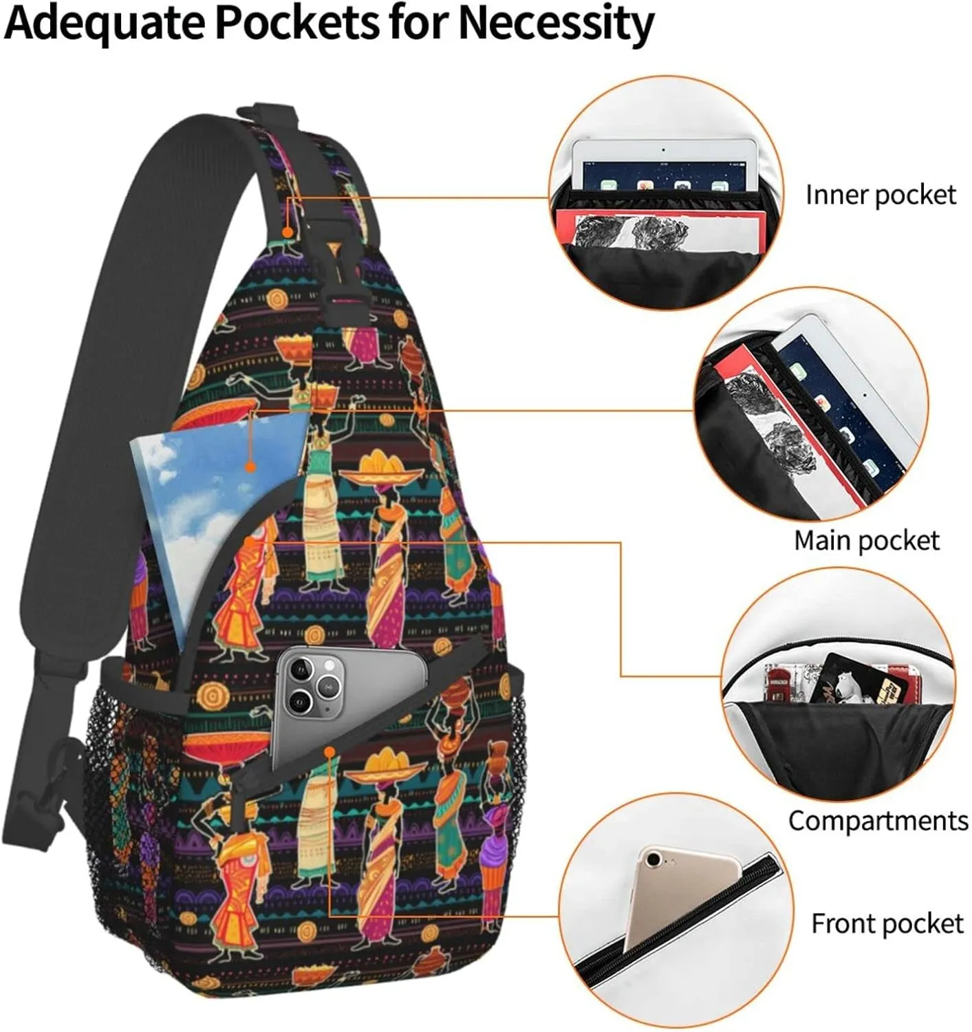 ASYG African Art Sling Bag Cute Crossbody Chest Daypack Casual Backpack African Shoulder Bag For Travel Picnic