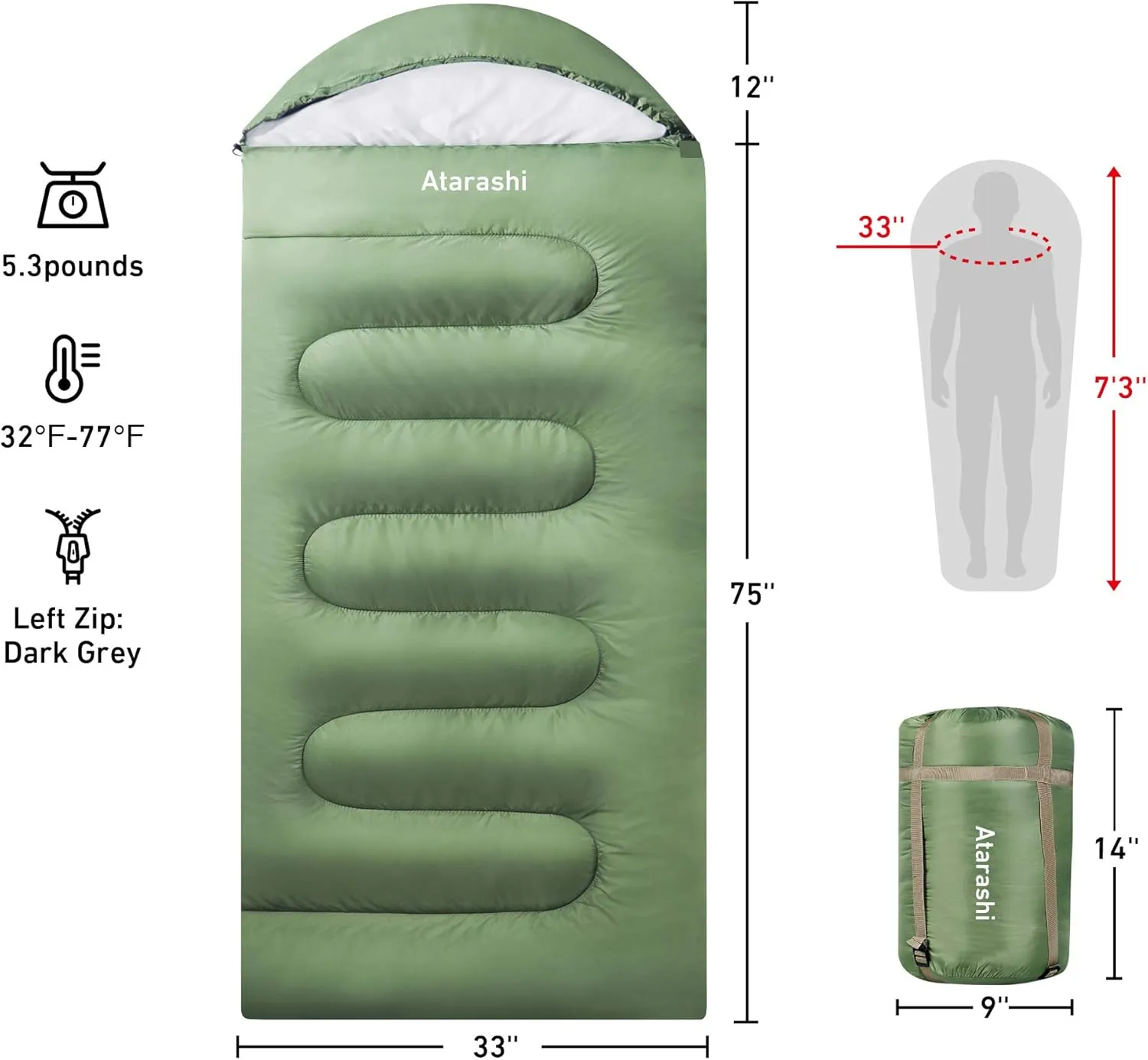 Atarashi Camping Sleeping Bag- 4 Seasons for Adults, Light, Warm, Extra-Large with Compression Sack- Great for Hiking, Backpacking & Outdoor Adventures