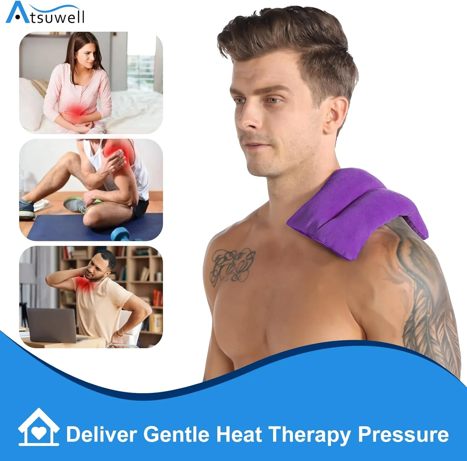 Atsuwell Microwave Heating Pad, 6 x 11 Heating Pad Microwavable for Cramps, Stomach, Knee, Muscle, Joints, Moist Rice Heaing Pad for Warm Compress, Purple