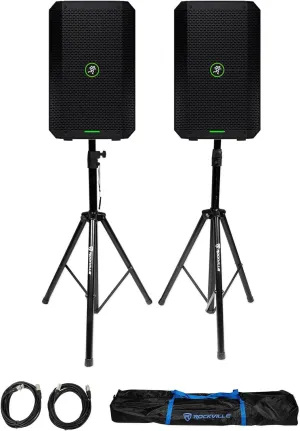 Audiosavings Bundle: (2) Mackie Thump GO 8" Portable Battery-Powered Rechargeable DJ PA Speaker Bluetooth Bundle with Pair of Rockville Adjustable Tripod Speaker/Light Stands 20' XLR Cables (3 Items)