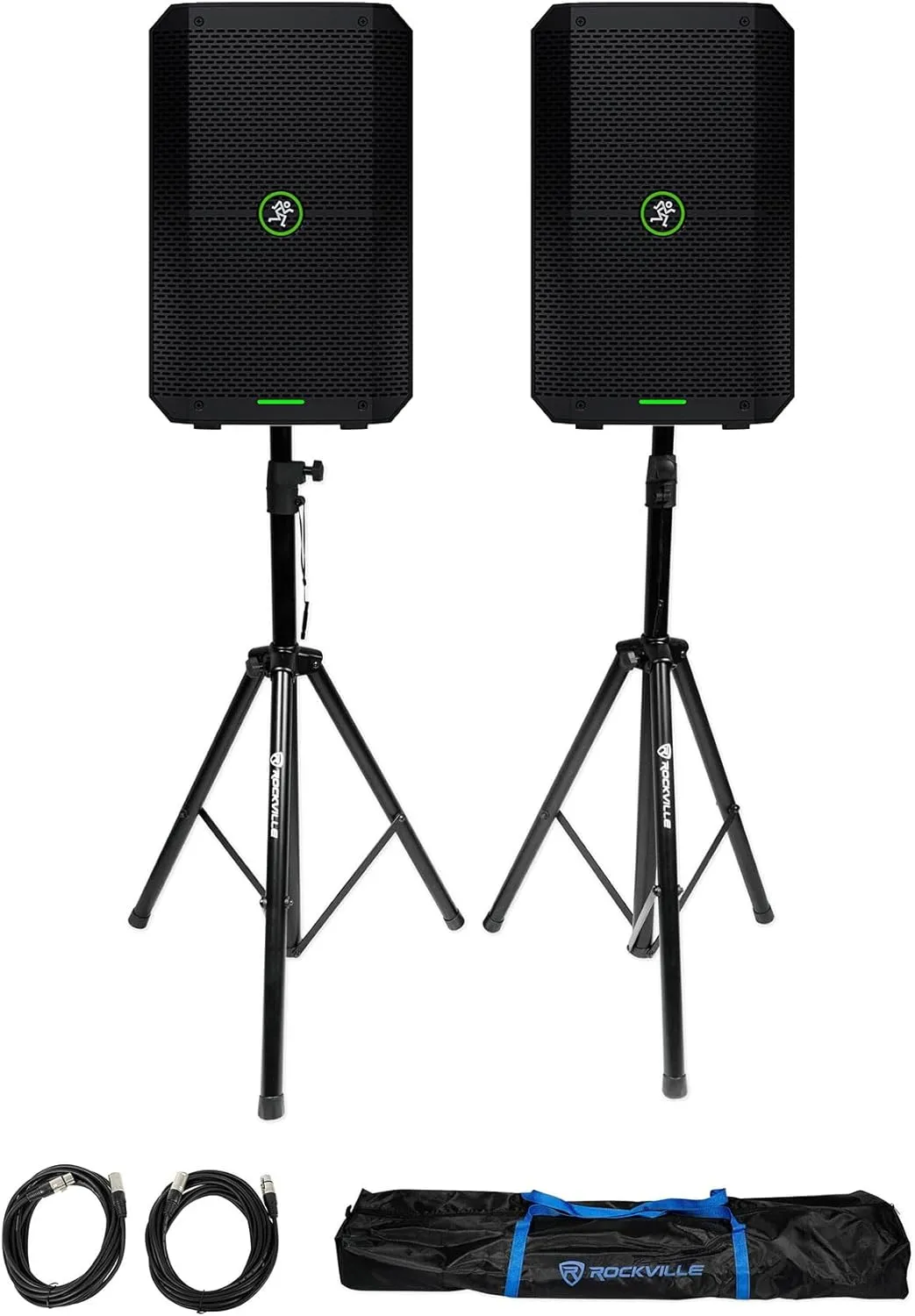 Audiosavings Bundle: (2) Mackie Thump GO 8" Portable Battery-Powered Rechargeable DJ PA Speaker Bluetooth Bundle with Pair of Rockville Adjustable Tripod Speaker/Light Stands 20' XLR Cables (3 Items)