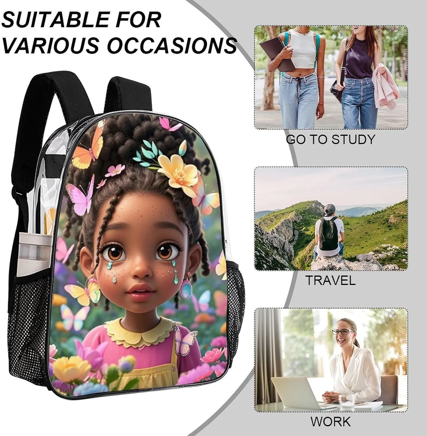 Backpack Multipurpose Anti-Theft Large Capacity Bookbag - Colorful Afro American Black Women With Butterflies Art Travel Hiking Daypack Transparent Bag