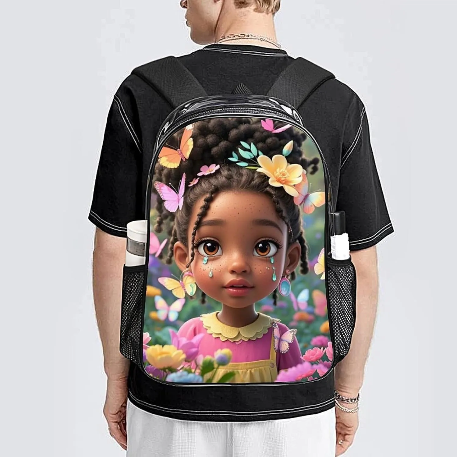 Backpack Multipurpose Anti-Theft Large Capacity Bookbag - Colorful Afro American Black Women With Butterflies Art Travel Hiking Daypack Transparent Bag