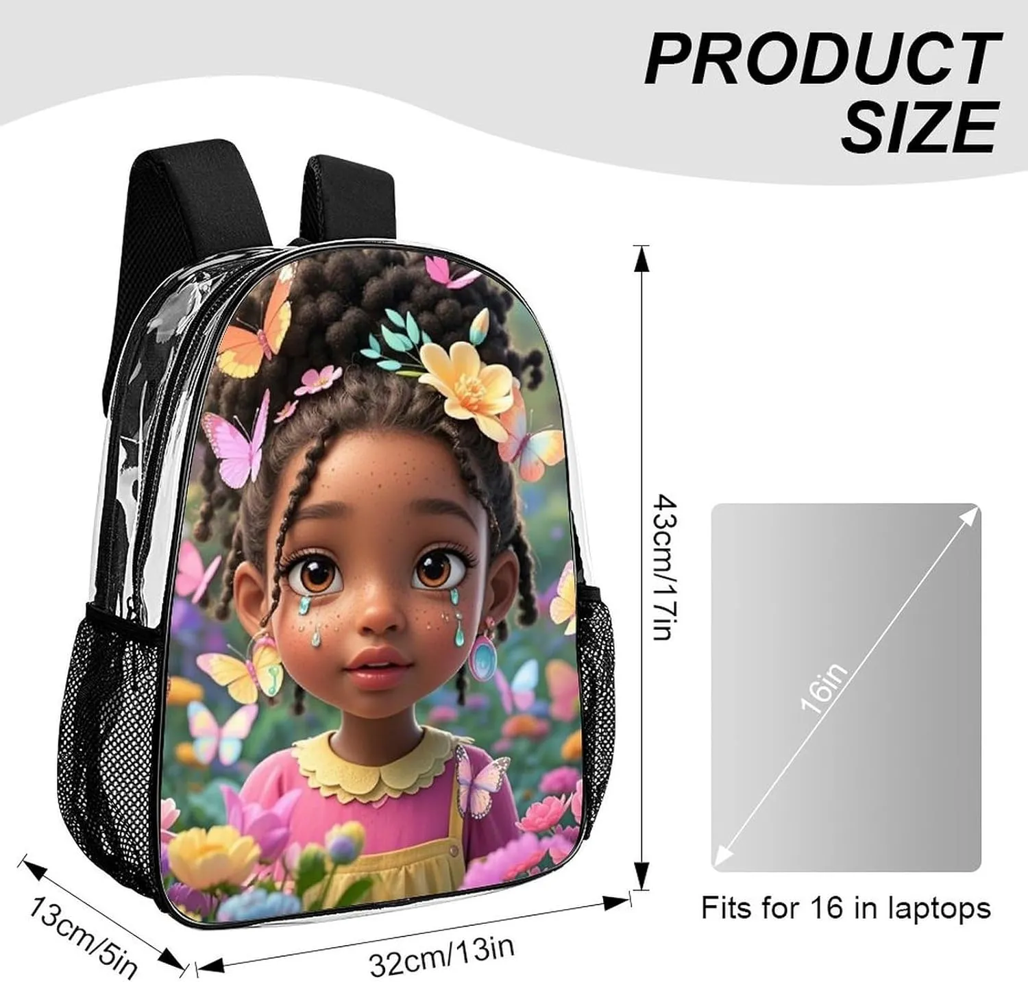 Backpack Multipurpose Anti-Theft Large Capacity Bookbag - Colorful Afro American Black Women With Butterflies Art Travel Hiking Daypack Transparent Bag