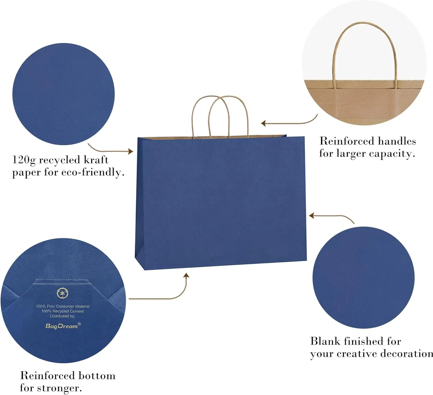 BagDream 25Pcs 16x6x12 Inches Kraft Paper Bags with Handles Bulk, Recycled Large Navy Blue Paper Gift Bags for Shopping, Retail, Grocery, Merchandise, Party Gifts